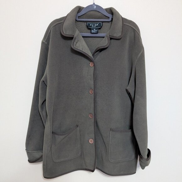 FU DA New York forest green fleece jacket Medium EUC patch pockets - Picture 1 of 9